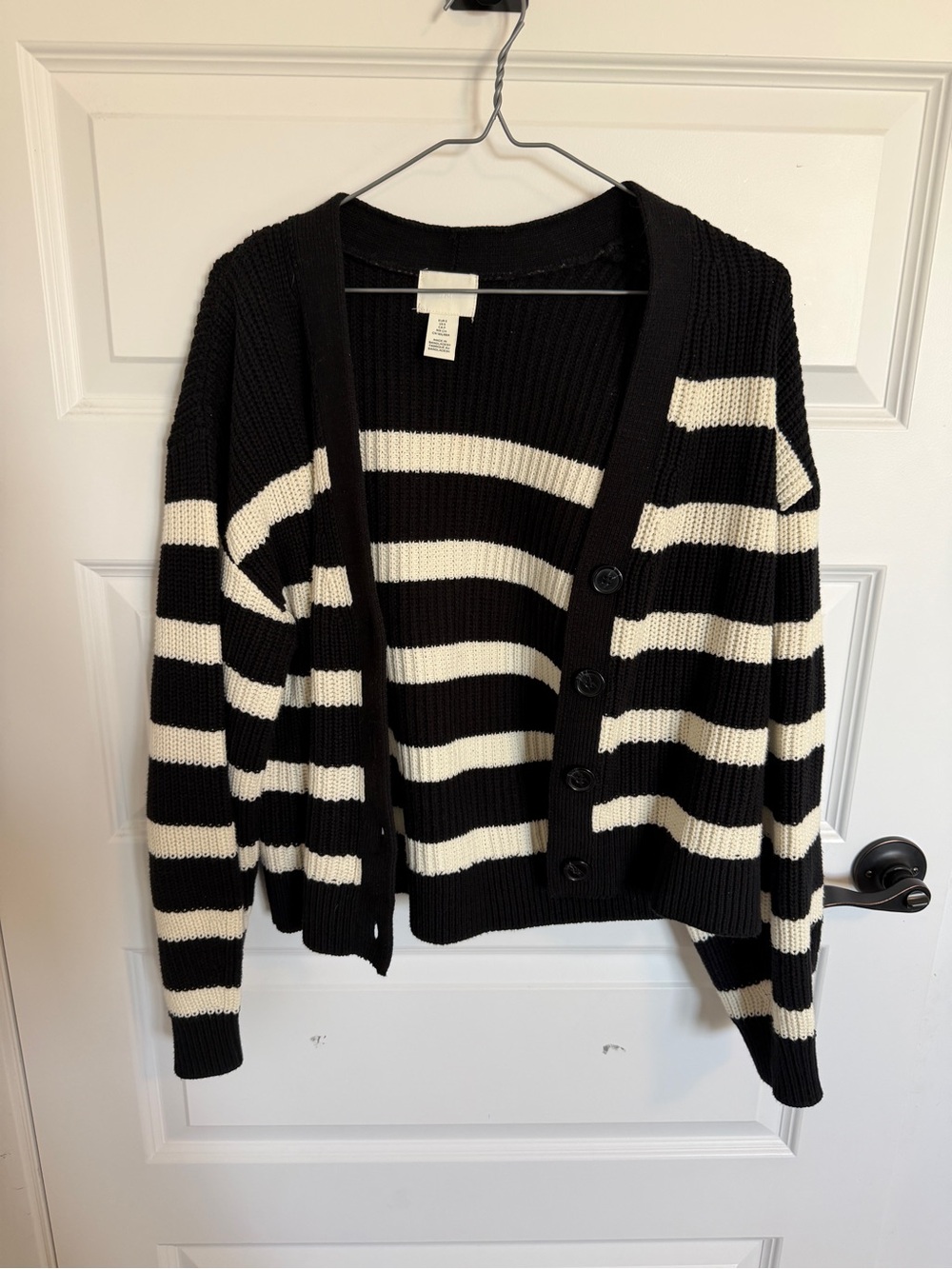 H&M Black and Cream Striped V‑Neck Cardigan